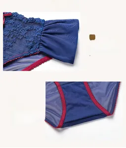 Detail of navy blue mesh panties featuring red lace trim and a decorative bow tie accent