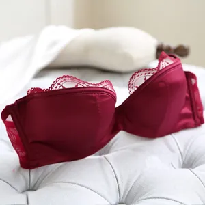 Détail d'un soutien-gorge en satin bordeaux avec dentelle cil et ailes en mesh transparent
