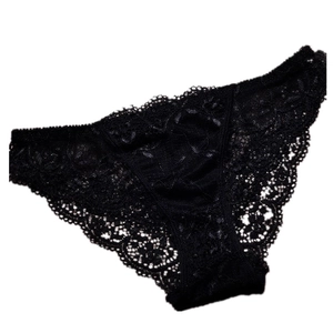Detailed close-up of luxury black full lace panties with delicate floral embroidery