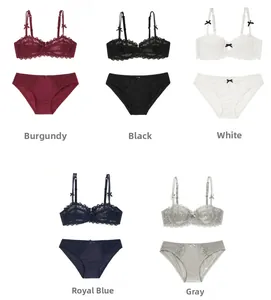 Lace bra sets in red, black, white, blue, and gray colors with delicate bow details