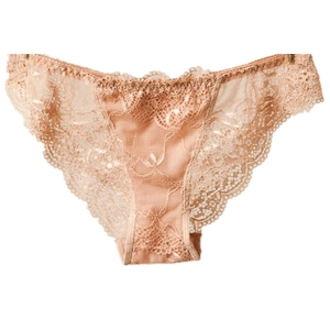 Close-up of delicate floral lace pattern and breathable mesh on low-rise panties