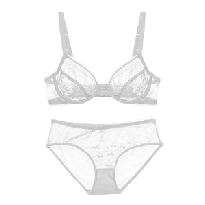 White floral lace lingerie set with sheer underwired bra and matching panty flat lay