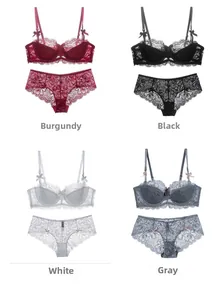 Detailed lace lingerie sets in four colors including red, black, white, and gray