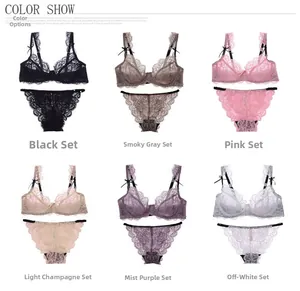 Aperçu détaillé des six coloris d'ensembles de lingerie en dentelle avec culottes