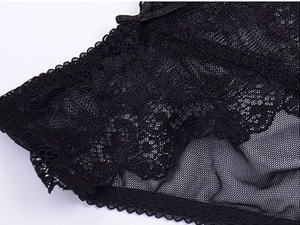 Detailed close-up of intricate black floral lace and breathable mesh on women underwear