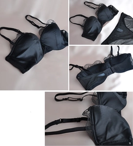 Détail de soutien-gorge en satin noir avec dentelle et bretelles réglables au dos