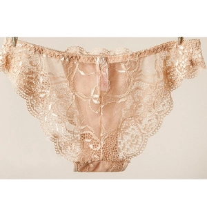 Close-up detail of champagne lace panty featuring floral patterns and scalloped edges