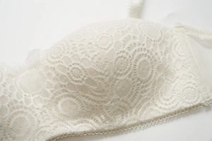 Gros plan de la dentelle circulaire complexe et des bords festonnés sur soutien-gorge blanc