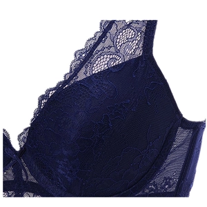 Lace deep V push-up bra and panty set in dark blue floral lace with breathable mesh