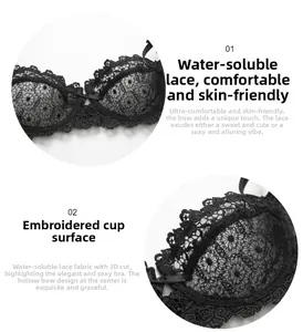 Detail of black water-soluble lace embroidery and hollow-out design on sexy lingerie bra
