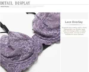Détail du bonnet en dentelle violette transparente avec bretelles noires réglables