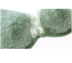 Gros plan sur la dentelle florale vert clair et la broderie délicate du soutien-gorge