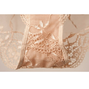 Macro detail of apricot floral lace fabric and precision stitching on the lower gusset