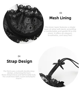 Detail of black lace bra with soft mesh lining and double straps with small bows