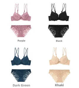Ensemble soutien-gorge et culotte en dentelle en couleurs violet, noir, vert et kaki