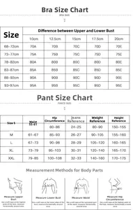 Detailed size chart for lace bra and panties set including measurement guides for perfect fit