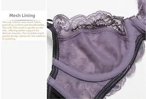 Détail de la doublure de soutien-gorge en dentelle violette avec mesh respirant