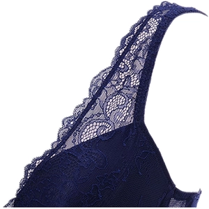 Lace deep V-neck push-up bra set in dark blue featuring exquisite floral embroidery