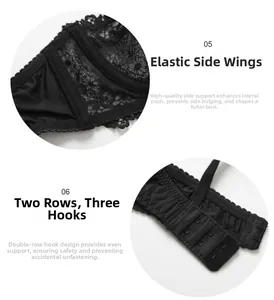 Detail view of elastic side wings and two-row hook closure on black lace bra