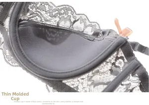 Close-up of grey lace bra featuring thin cotton molded cups for a comfortable fit