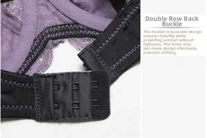 Détail du soutien-gorge en dentelle violette avec fermeture arrière à trois rangées de crochets