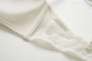 Gros plan sur le tissu en maille respirante et la dentelle délicate du soutien-gorge blanc