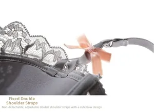 Detail of adjustable fixed shoulder straps with lace edge and small pink bow on gray bra