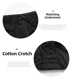 Detail of black lace panties with water-soluble floral embroidery and cotton crotch