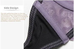 Détail des ailes latérales en dentelle violette et du tissu élastique noir pour le soutien