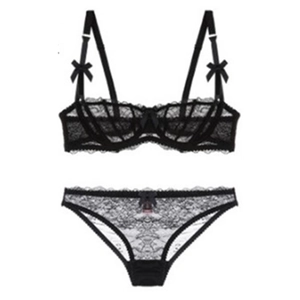 Sexy black floral lace lingerie set with push-up bra and matching panties on white background
