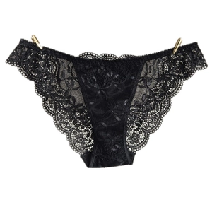 Detailed macro view of black floral lace fabric and delicate scalloped edges on panties