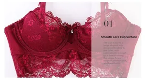 Détail du soutien-gorge en dentelle bordeaux avec bords en dentelle et mesh floral