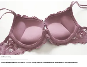Détail du soutien-gorge en dentelle lilas avec rembourrage de 2cm et effet push-up
