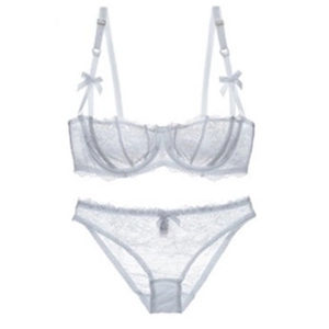 Elegant light blue lace lingerie set featuring a push-up bra and matching panties