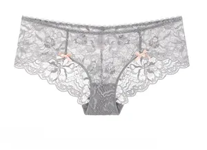 Close-up of gray lace panties with pink bows and a high-quality cotton crotch lining