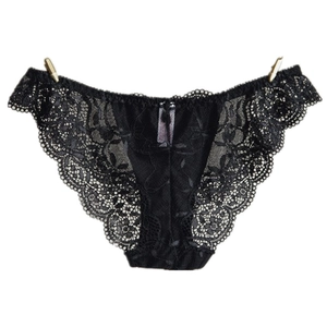 Close-up of black floral lace underwear with scalloped edges and intricate embroidery