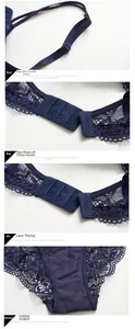 Vue détaillée des bretelles réglables et dentelle de l'ensemble lingerie bleu marine