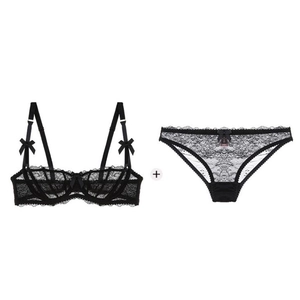 Sexy black lace lingerie set with push-up half cup bra and matching floral panties