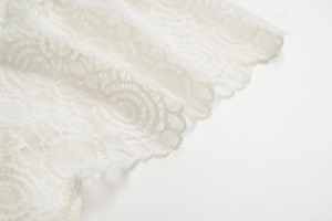 Détail rapproché des motifs de dentelle florale blanche sur le bord du bonnet de soutien-gorge