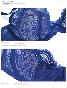 Detail view of sheer dark blue lace bra featuring exquisite floral mesh embroidery