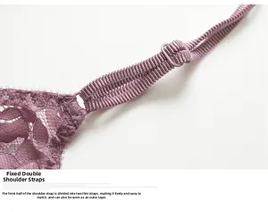 Détail des doubles bretelles fixes sur un soutien-gorge en dentelle violette à fines lanières