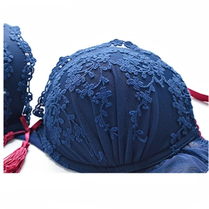 Deep blue lace bra with floral embroidery, elegant red fringe detail and contrast straps