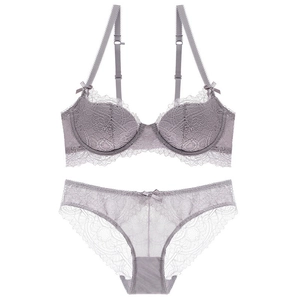 Lace lingerie set with push-up bra and matching panties in elegant smoke grey finish