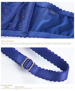Detail of dark blue mesh wings and adjustable elastic straps with gold metal buckles