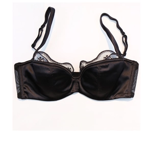 Détail du soutien-gorge demi-bonnet en satin noir avec broderie dentelle blanche et maille