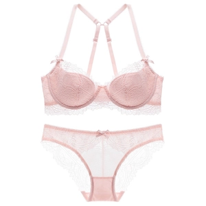 French style sexy lace bra set in light pink with sheer mesh and racerback detail