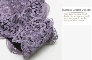 Détail de lingerie en dentelle violette montrant l'entrejambe étroit et bords festonnés