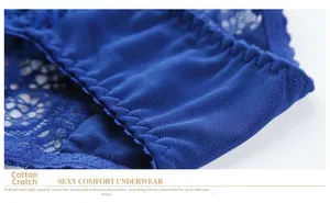 Detail view of the soft cotton gusset on dark blue lace panties for breathability