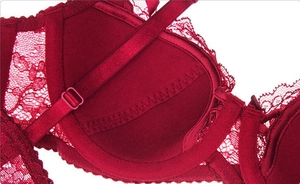 Détail de soutien-gorge en dentelle rouge foncé montrant la broderie et les bretelles