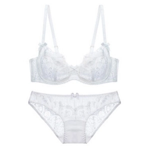Elegant white lace lingerie set with underwire bra and matching brief on white backdrop